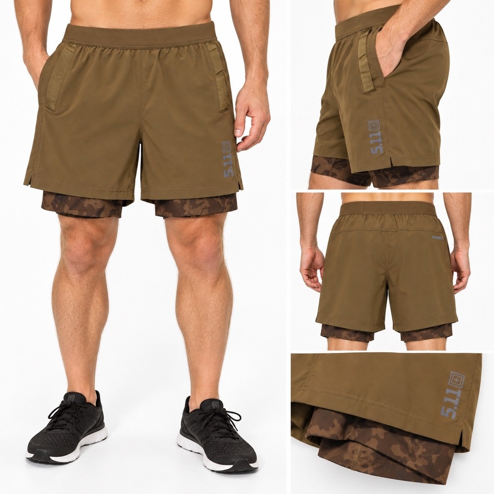 5.11 Tactical PT-R 2-in-1 Training Shorts Mens Medium Kangaroo Brown Camo Liner